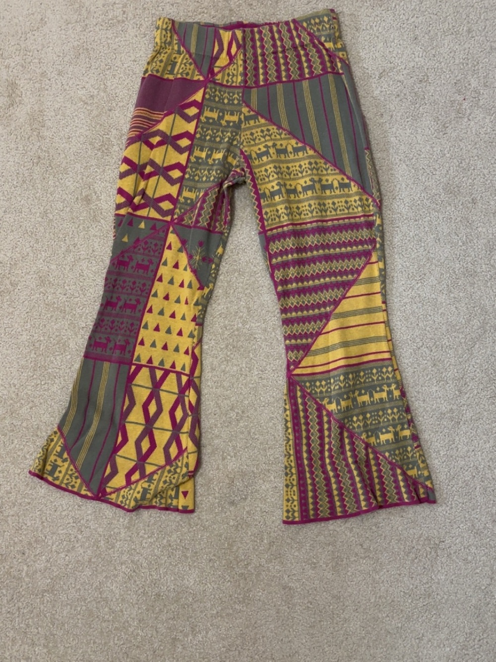 Free People Patchwork Flare Pants in Mustard Yellow , Gray & Magenta